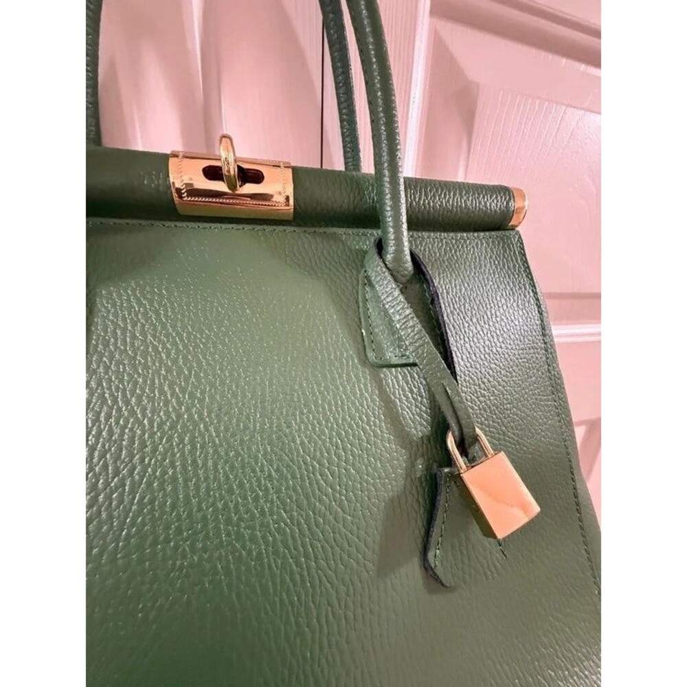 Italian Leather Green Satchel Shoulder Bag Made in Italy - Picture 3 of 17